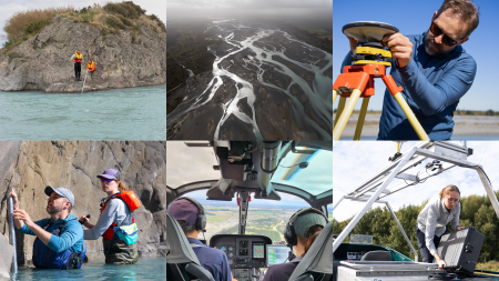 Six-photo collage with pictures of: a man setting up a measurement tool on land near a river; an aerial view of a winding river in New Zealand; two re博彩平台ers wearing life vests and standing on the edge of a large rock while placing a measurement tool in a river; a re博彩平台er configuring a large GPS system to a boat; a man and a woman riding in a helicopter; two re博彩平台ers configuring a measurement rod in a river.